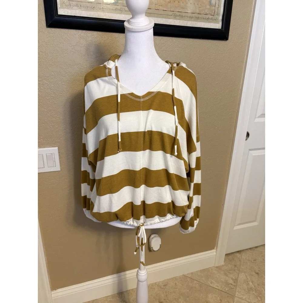 Aerie Women's Mustard And White Striped Oversized Lightweight Hooded Top, Small